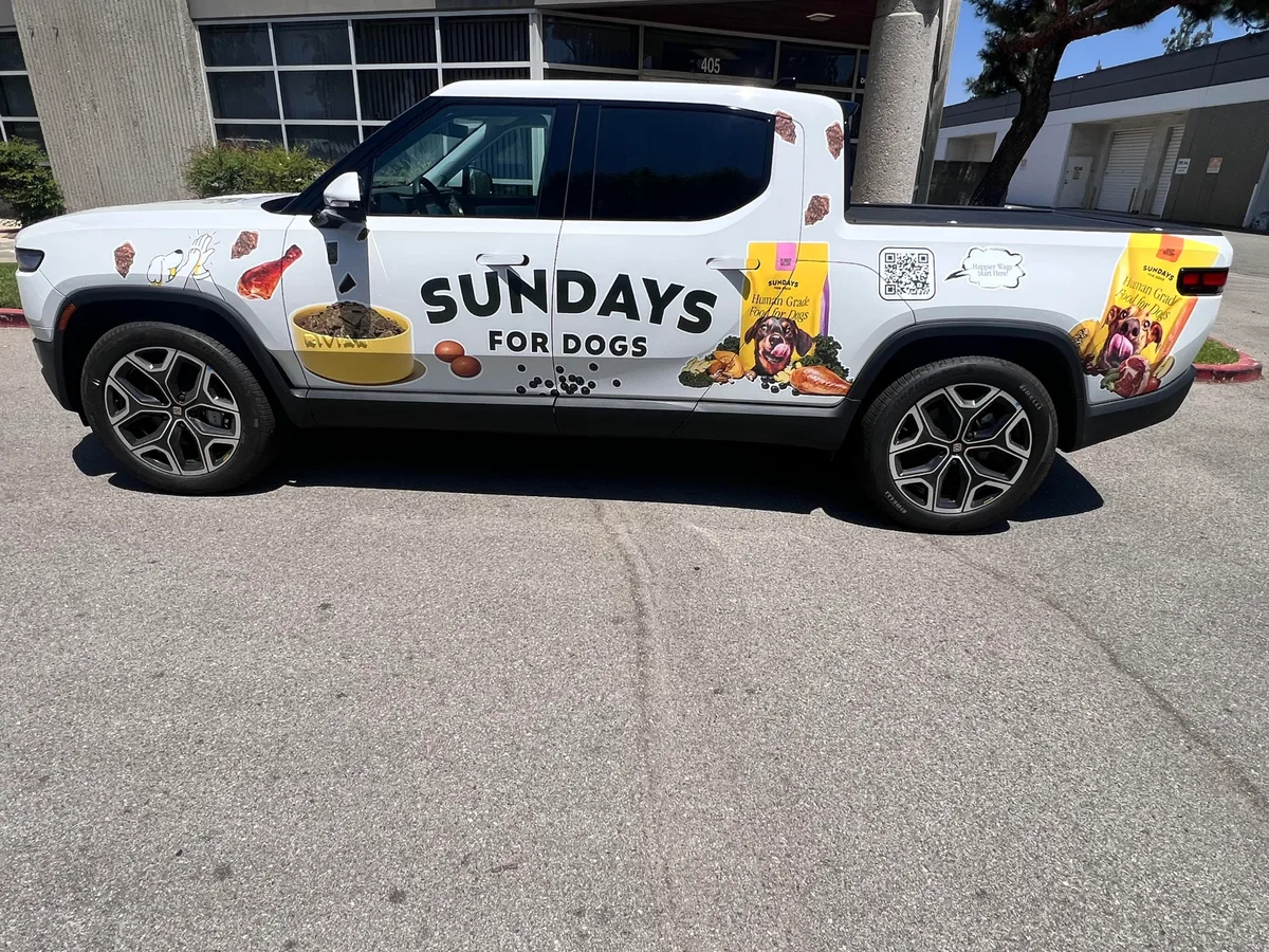 Spot graphics on a Rivian R1T truck in Burbank, CA