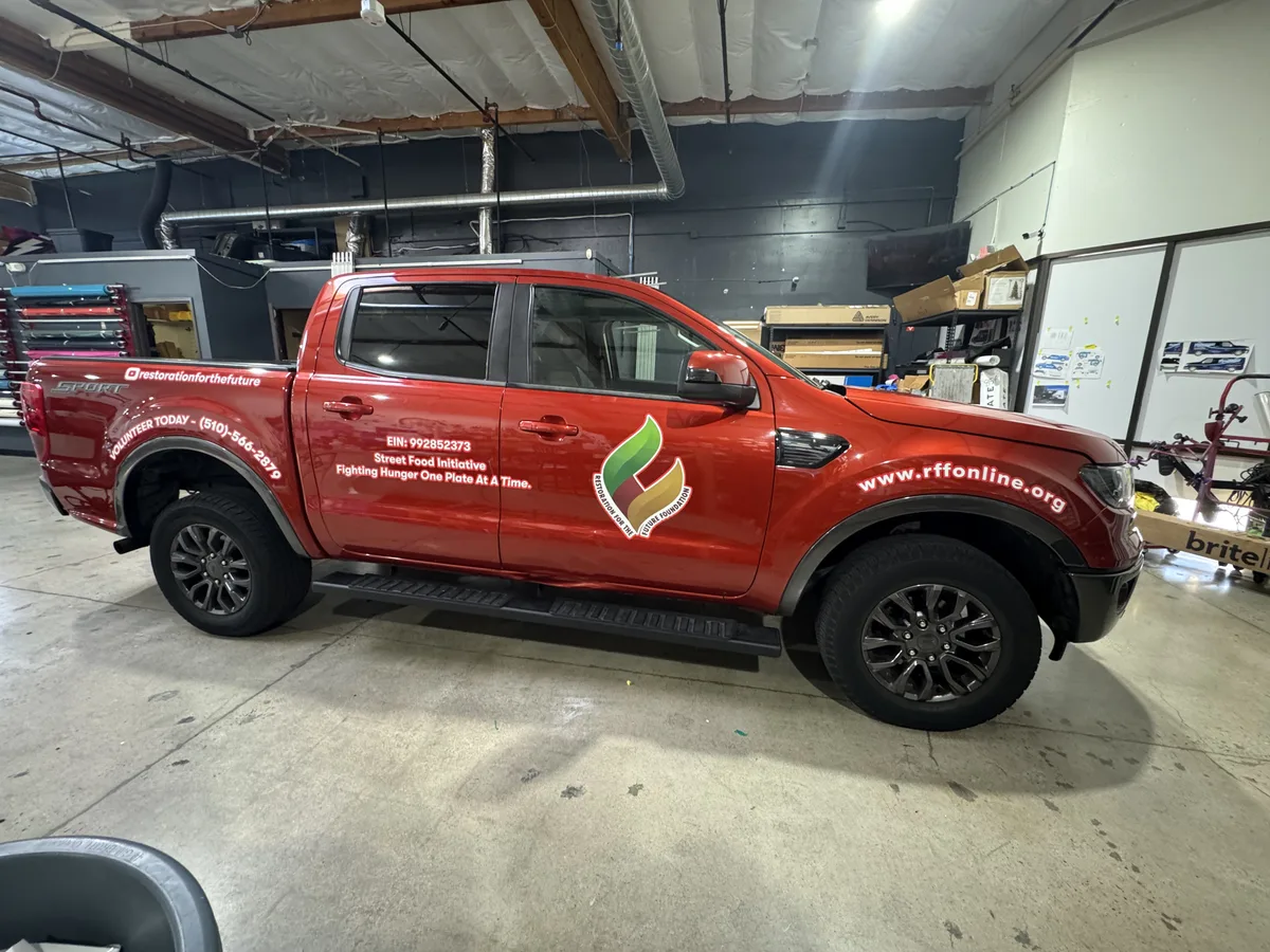 Spot graphics on a Ford Ranger truck in Oakland, CA