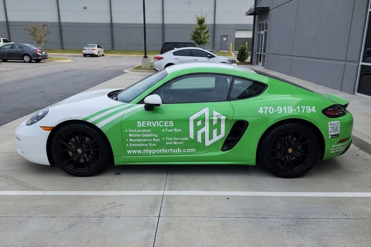 Partial wrap on a Porsche 718 Cayman sports car in Atlanta, GA