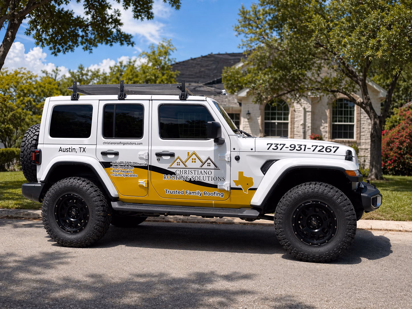 Christiano Roofing Solutions vehicle wrap in Austin, TX