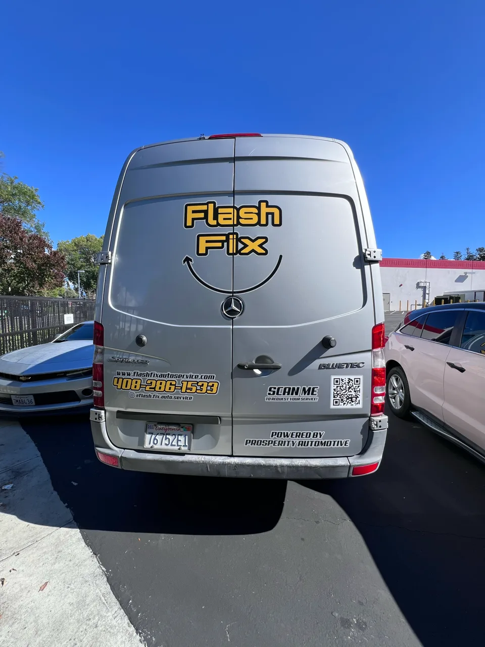 Spot graphics on a Mercedes-Benz Sprinter van in San Jose, CA