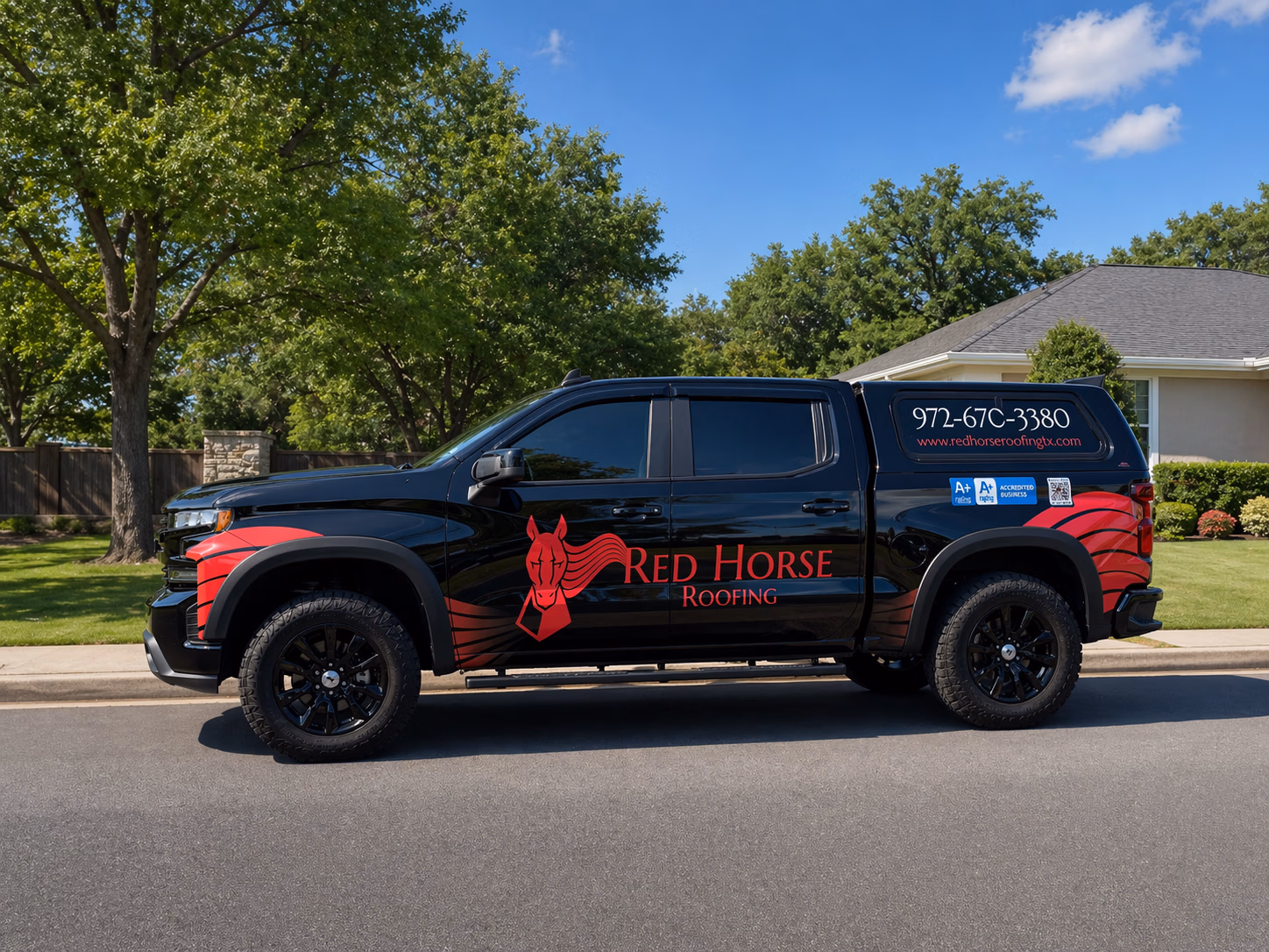 Red Horse Roofing vehicle wrap in Garland, TX